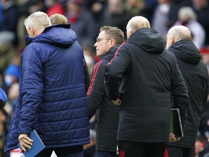 Manchester United's manager Ralf Rangnick, centre, ahead the English Premier League soccer match between Manchester United and Crystal Palace at Old Trafford stadium in Manchester, England, Sunday, Dec. 5, 2021. (AP Photo/Jon Super)