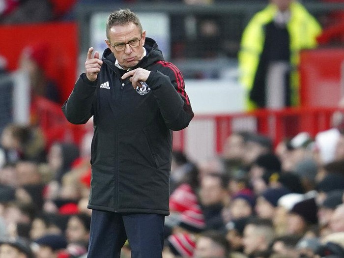Manchester United's manager Ralf Rangnick during the English Premier League soccer match between Manchester United and Crystal Palace at Old Trafford stadium in Manchester, England, Sunday, Dec. 5, 2021. (AP Photo/Jon Super)