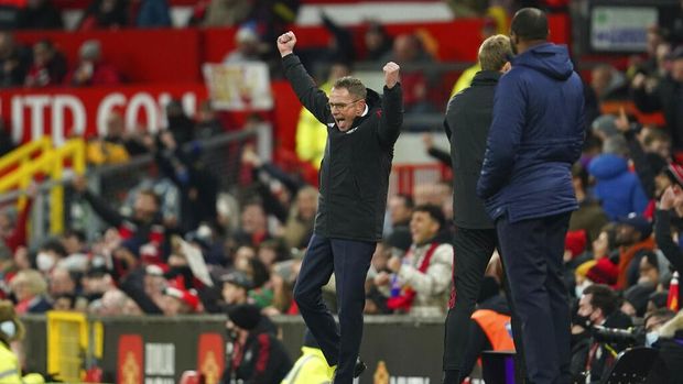 Manchester United's manager Ralf Rangnick reacts during the English Premier League soccer match between Manchester United and Crystal Palace at Old Trafford stadium in Manchester, England, Sunday, Dec. 5, 2021. (AP Photo/Jon Super)
