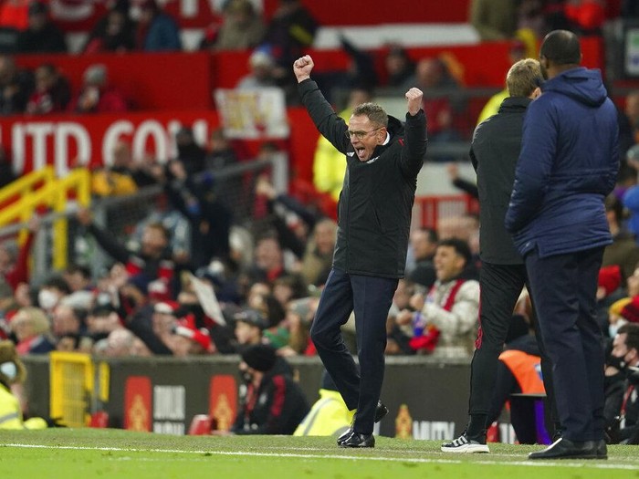 Manchester United's manager Ralf Rangnick reacts during the English Premier League soccer match between Manchester United and Crystal Palace at Old Trafford stadium in Manchester, England, Sunday, Dec. 5, 2021. (AP Photo/Jon Super)