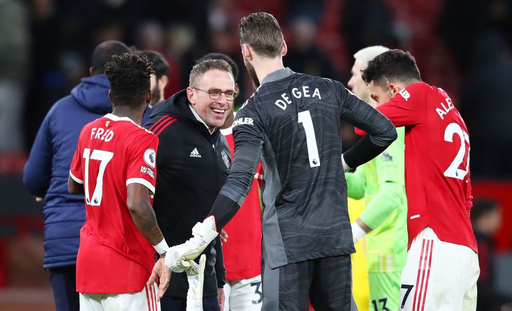 MANCHESTER, ENGLAND - DECEMBER 05: David De Gea of Manchester United in discusion with Ralf Rangnick, Manager of Manchester United after the Premier League match between Manchester United and Crystal Palace at Old Trafford on December 05, 2021 in Manchester, England. (Photo by Jan Kruger/Getty Images)