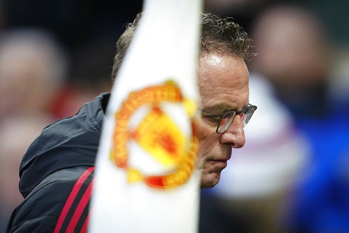 Manchester United's manager Ralf Rangnick leaves the field at halftime during the English Premier League soccer match between Manchester United and Crystal Palace at Old Trafford stadium in Manchester, England, Sunday, Dec. 5, 2021. (AP Photo/Jon Super)