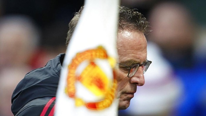 Manchester Uniteds manager Ralf Rangnick leaves the field at halftime during the English Premier League soccer match between Manchester United and Crystal Palace at Old Trafford stadium in Manchester, England, Sunday, Dec. 5, 2021. (AP Photo/Jon Super)