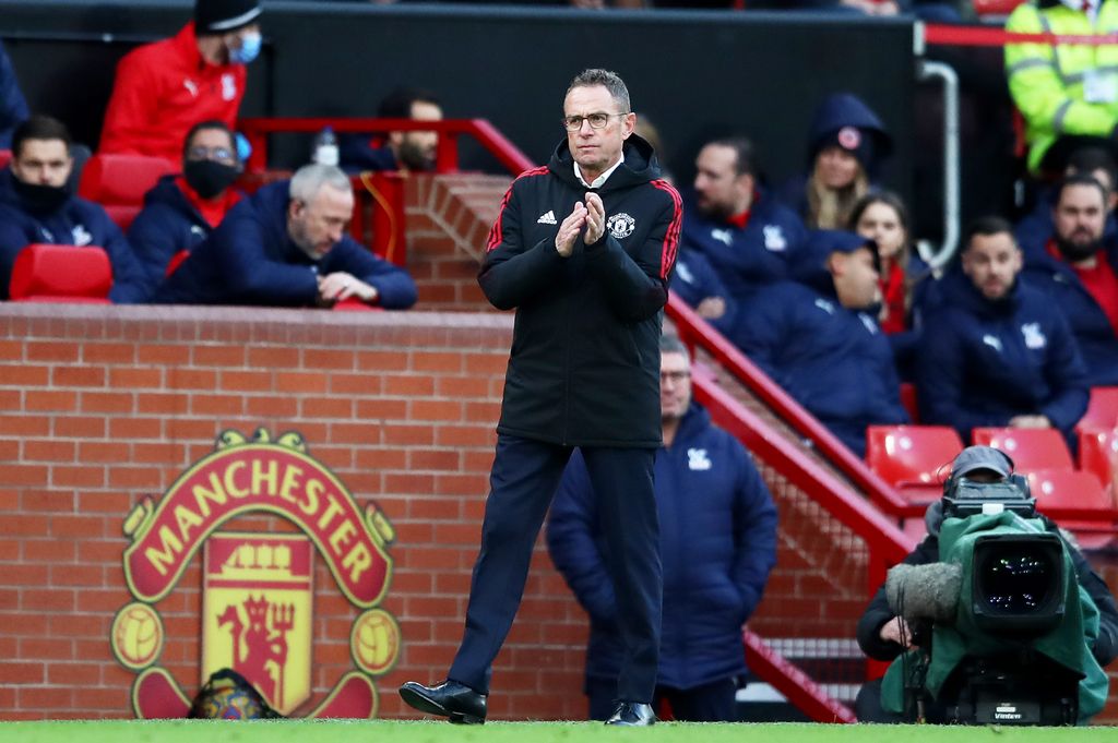 MANCHESTER, ENGLAND - DECEMBER 05: Ralf Rangnick, manager of Manchester United looks on during the Premier League match between Manchester United and Crystal Palace at Old Trafford on December 05, 2021 in Manchester, England. (Photo by Jan Kruger/Getty Images)