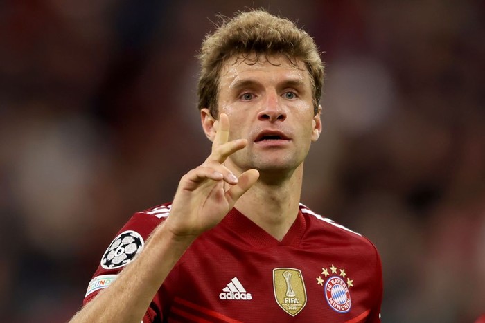 MUNICH, GERMANY - SEPTEMBER 29: Thomas Müller of FC Bayern München reacts during the UEFA Champions League group E match between FC Bayern München and Dinamo Kiev at Allianz Arena on September 29, 2021 in Munich, Germany. (Photo by Alexander Hassenstein/Getty Images)