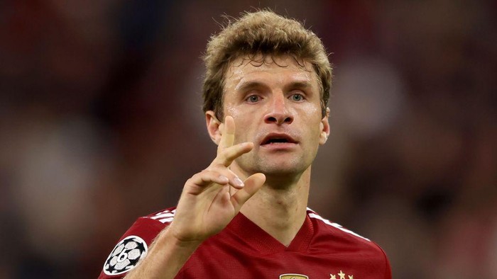  Thomas Müller of FC Bayern München reacts during the UEFA Champions League group E match between FC Bayern München and Dinamo Kiev at Allianz Arena on September 29, 2021 in Munich, Germany. (Photo by Alexander Hassenstein/Getty Images)