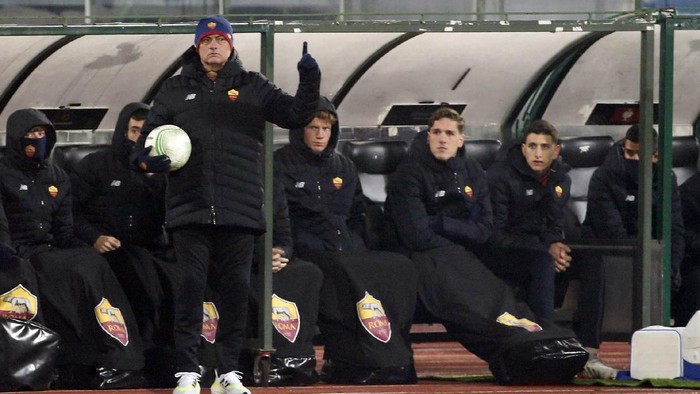 Romas head coach Jose Mourinho reacts during group C Europa Conference League soccer match between Bulgarias PFC CSKA-Sofia and Italys AS Roma at Vassil Levski National stadium in Sofia, Bulgaria, Thursday, Dec. 9, 2021. (AP Photo/Dessislava Komarova)