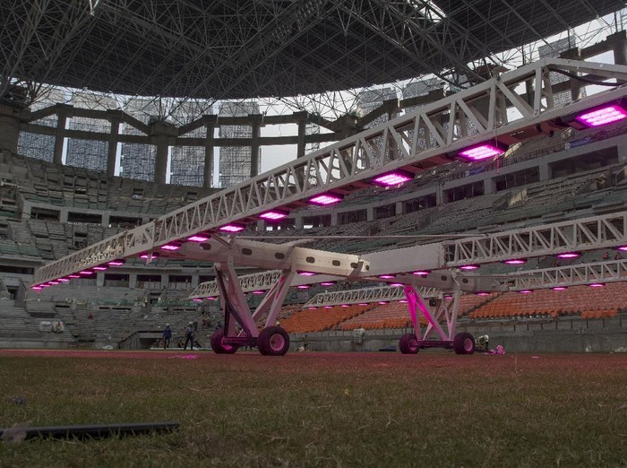Pekerja menggunakan alat grass grow lighting untuk perawatan rumput lapangan Jakarta International Stadium (JIS) di Tanjung Priok, Jakarta, Kamis (9/12/2021). PT. Jakarta Propertindo (Jakpro) menggunakan teknologi pencahayaan ultraviolet (UV) tersebut untuk membantu pertumbuhan rumput hibrid (5 persen sintetis dan 95 persen rumput alami) lapangan stadion berkapasitas 82.000 penonton itu. ANTARA FOTO/Aditya Pradana Putra/rwa.
