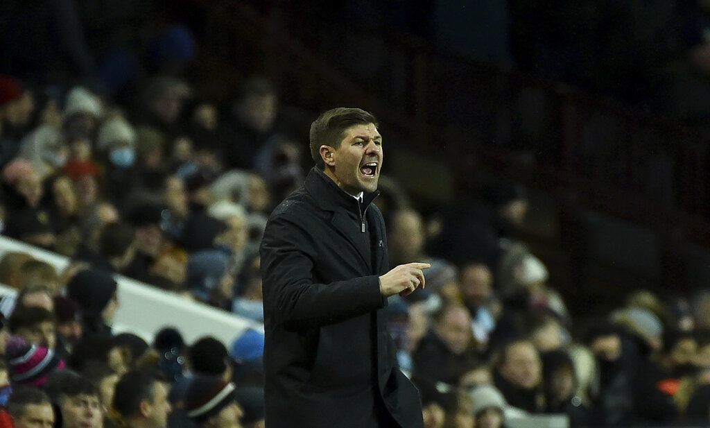 Aston Villa's head coach Steven Gerrard reacts during the English Premier League soccer match between Aston Villa and Leicester City at Villa Park in Birmingham, England, Sunday, Dec. 5, 2021. (AP Photo/Rui Vieira)