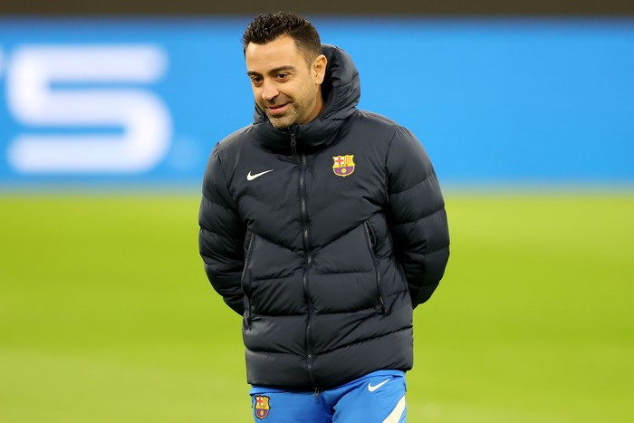 MUNICH, GERMANY - DECEMBER 07: Xavier Hernández i Creus, head coach of FC Barcelona looks on during a FC Barcelona training session at Allianz Arena on December 07, 2021 in Munich, Germany. (Photo by Alexander Hassenstein/Getty Images)