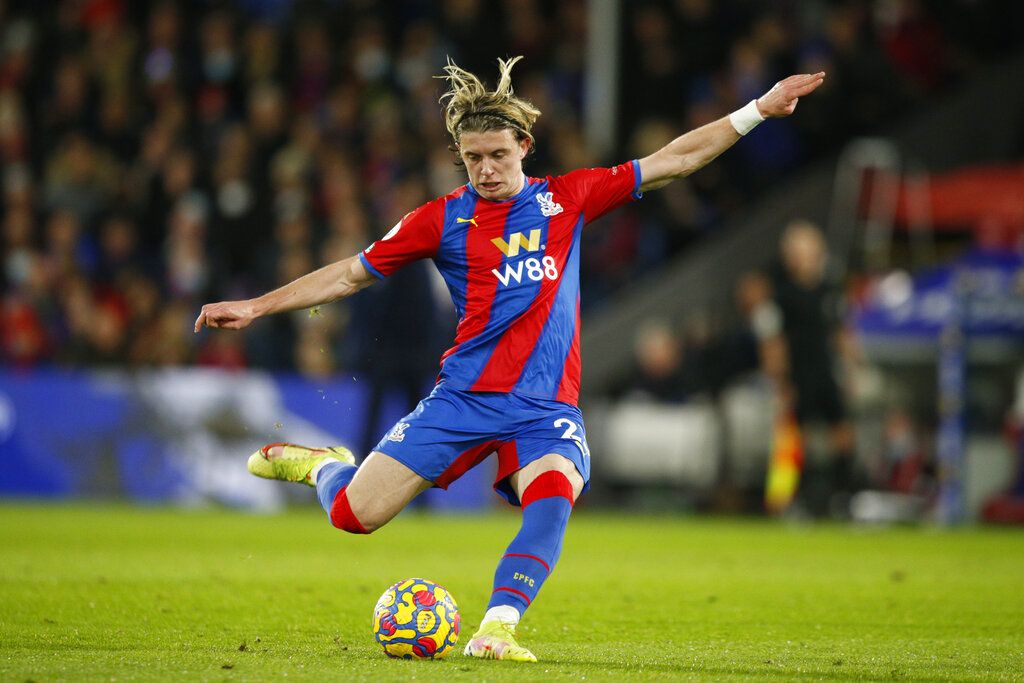 Crystal Palace's Conor Gallagher celebrates after scoring his side's third goal during an English Premier League soccer match between Crystal Palace and Everton at Selhurst Park, London, Sunday Dec. 12, 2021. (AP Photo/David Cliff)