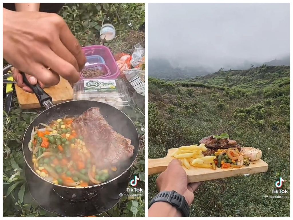 Bukan Seduh Mie Instan, Netizen Ini Masak Steak di Puncak Gunung Kencana!