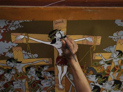 Semarak Sambut Natal, Seniman Jogja Buat Lukisan Rohani Bercorak Wayang