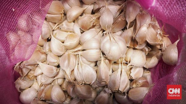 The atmosphere of a garlic vendor stand at the main market in Kramat Jati, Jakarta on Thursday, December 16, 2021. The Ministry of Agriculture (Kementan) revealed that garlic imports from Indonesia are dominated by China.  This record also makes Indonesia the largest garlic importer in the world.  (CNN Indonesia / Makki Sapphire)