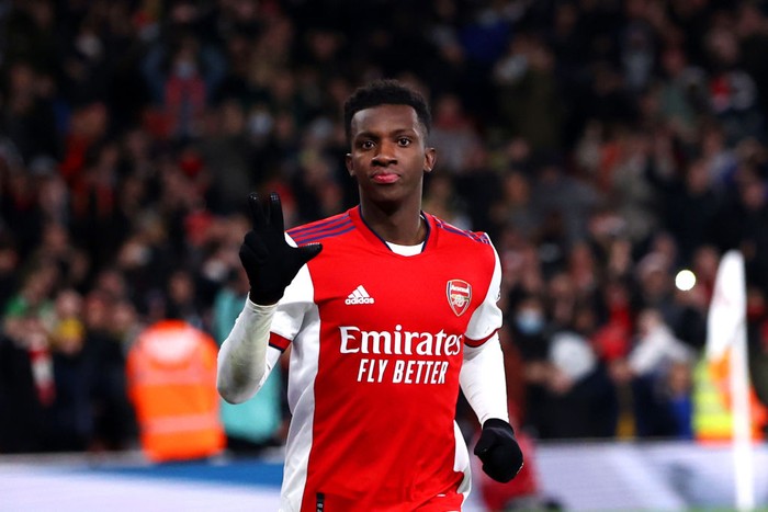 Eddie Nketiah LONDON, ENGLAND - DECEMBER 21: Eddie Nketiah of Arsenal celebrates after scoring their team's fourth goal and his hat-trick during the Carabao Cup Quarter Final match between Arsenal and Sunderland at Emirates Stadium on December 21, 2021 in London, England. (Photo by Ryan Pierse/Getty Images)