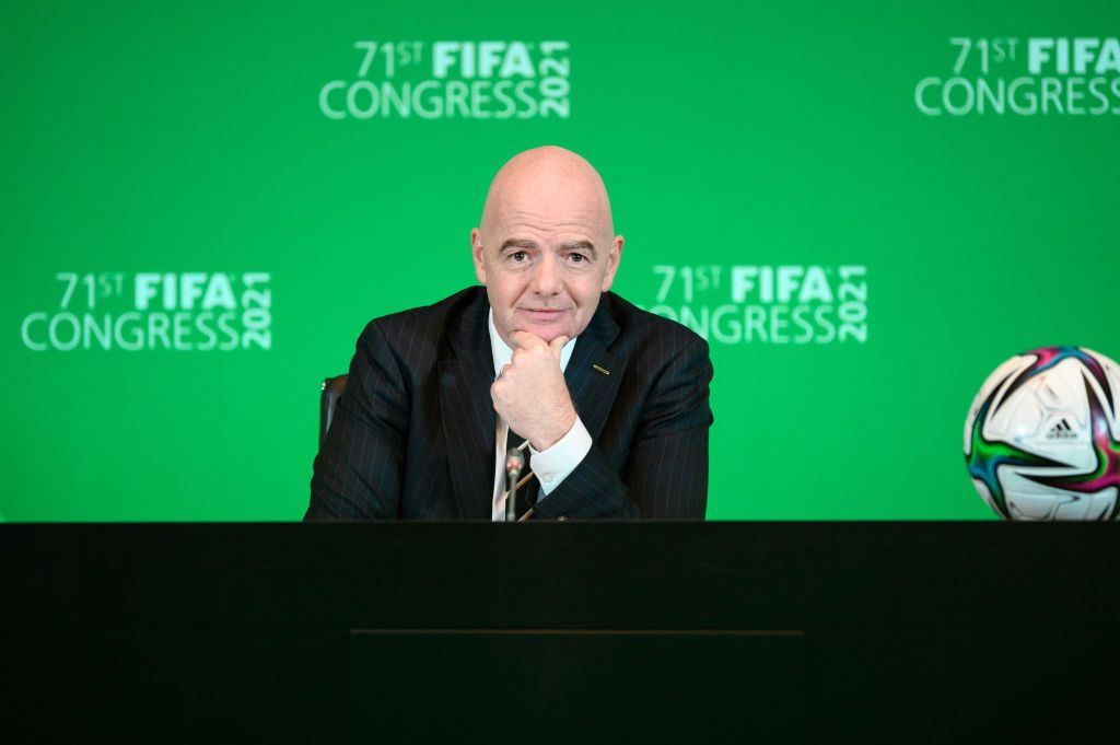ZURICH, SWITZERLAND - MAY 21: FIFA President Gianni Infantino speaks during the virtual press conference following the 71st FIFA Virtual Congress meeting at the Home of FIFA on May 21, 2021 in Zurich, Switzerland. (Photo by Pool/Getty Images)