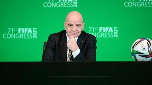 ZURICH, SWITZERLAND - MAY 21: FIFA President Gianni Infantino speaks during the virtual press conference following the 71st FIFA Virtual Congress meeting at the Home of FIFA on May 21, 2021 in Zurich, Switzerland. (Photo by Pool/Getty Images)