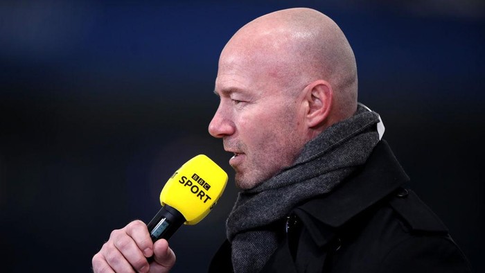 LEICESTER, ENGLAND - MARCH 21: BBC Presenter Alan Shearer during the Emirates FA Cup Quarter Final match between Leicester City and Manchester United at The King Power Stadium on March 21, 2021 in Leicester, England. Sporting stadiums around the UK remain under strict restrictions due to the Coronavirus Pandemic as Government social distancing laws prohibit fans inside venues resulting in games being played behind closed doors.  (Photo by Alex Pantling/Getty Images)