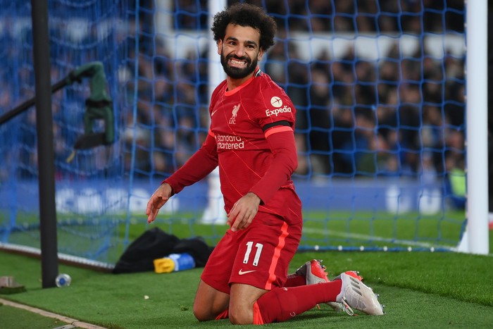 LIVERPOOL, ENGLAND - DECEMBER 01: Mohamed Salah of Liverpool reacts during the Premier League match between Everton and Liverpool at Goodison Park on December 01, 2021 in Liverpool, England. (Photo by Laurence Griffiths/Getty Images)