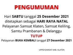 Catat! Ini Jadwal Pelayanan Samsat Klaten Saat Natal dan Tahun Baru