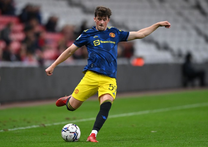 SUNDERLAND, ENGLAND - OCTOBER 13: Manchester United player Charlie Wellens in action during the Papa Johns Trophy between Sunderland and Manchester United U21 at Stadium of Light on October 13, 2021 in Sunderland, England. (Photo by Stu Forster/Getty Images)