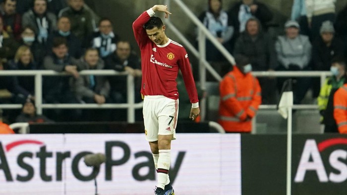 Manchester Uniteds Cristiano Ronaldo reacts during the English Premier League soccer match between Newcastle United and Manchester United at St. James Park in Newcastle, England, Monday, Dec. 27, 2021. (AP Photo/Jon Super)