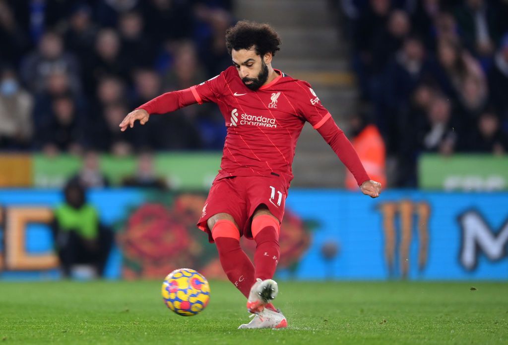 LEICESTER, ENGLAND - DECEMBER 28: Mohamed Salah of Liverpool has his penalty saved by Kasper Schmeichel of Leicester City (not pictured) during the Premier League match between Leicester City  and  Liverpool at The King Power Stadium on December 28, 2021 in Leicester, England. (Photo by Laurence Griffiths/Getty Images)