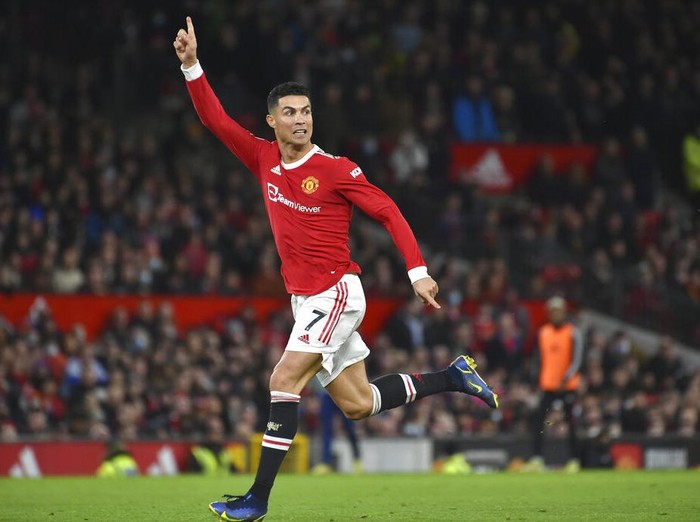Manchester Uniteds Cristiano Ronaldo in action during the English Premier League soccer match between Manchester United and Burnley at Old Trafford in Manchester, England, Thursday, Dec. 30, 2021. (AP Photo/Rui Vieira)