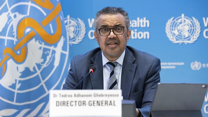 Tedros Adhanom Ghebreyesus, Director General of the World Health Organization (WHO), talks to the media regarding the coronavirus and global health priorities in 2022, during a press conference, at WHO headquarters in Geneva, Switzerland, Monday, Dec. 20, 2021. (Salvatore Di Nolfi/Keystone via AP)