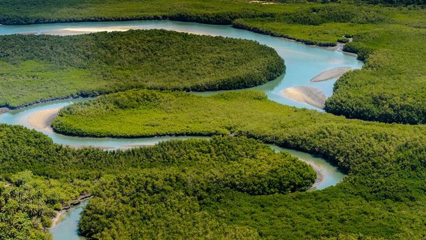 Kepulauan Bissagos Guinea Bissau Beautiful Aerial view of river, Bissagos Archipelago (Bijagos), Guinea Bissau. UNESCO Biosphere Reserve