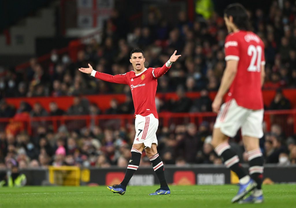 MANCHESTER, ENGLAND - JANUARY 03: Captain Cristiano Ronaldo of Manchester United during the Premier League match between Manchester United  and  Wolverhampton Wanderers at Old Trafford on January 03, 2022 in Manchester, England. (Photo by Gareth Copley/Getty Images)