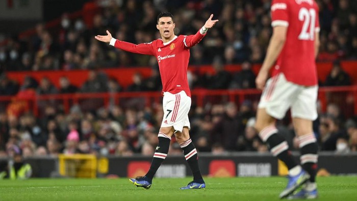 MANCHESTER, ENGLAND - JANUARY 03: Captain Cristiano Ronaldo of Manchester United during the Premier League match between Manchester United  and  Wolverhampton Wanderers at Old Trafford on January 03, 2022 in Manchester, England. (Photo by Gareth Copley/Getty Images)