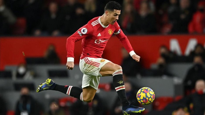 MANCHESTER, ENGLAND - JANUARY 03: Captain Cristiano Ronaldo of Manchester United during the Premier League match between Manchester United  and  Wolverhampton Wanderers at Old Trafford on January 03, 2022 in Manchester, England. (Photo by Gareth Copley/Getty Images)