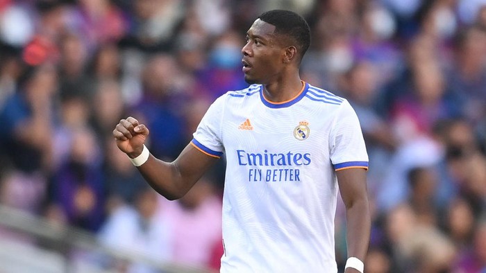 David Alaba BARCELONA, SPAIN - OCTOBER 24: David Alaba of Real Madrid CF celebrates after scoring his team's first goal during the La Liga Santander match between FC Barcelona and Real Madrid CF at Camp Nou on October 24, 2021 in Barcelona, Spain. (Photo by David Ramos/Getty Images)