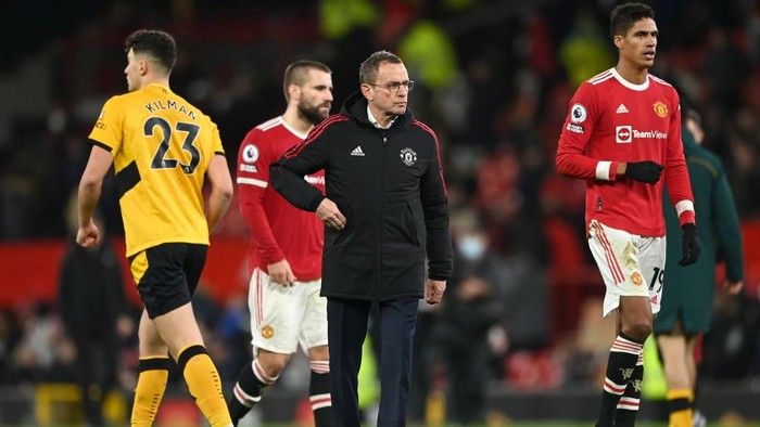 MANCHESTER, ENGLAND - JANUARY 03: Ralf Rangnick, Manager of Manchester United reacts following the Premier League match between Manchester United and Wolverhampton Wanderers at Old Trafford on January 03, 2022 in Manchester, England. (Photo by Gareth Copley/Getty Images)