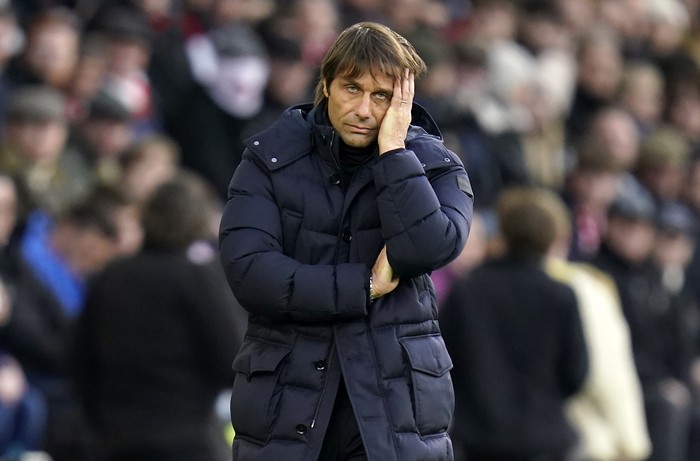 Tottenham Hotspur manager Antonio Conte reacts during the English Premier League soccer match between Southampton and Tottenham Hotspur, at St. Marys Stadium, Southampton, England, Tuesday, Dec. 28, 2021. (Andrew Matthews/PA via AP)