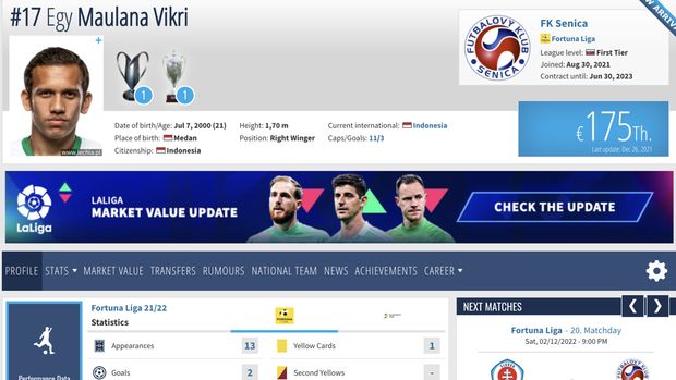 Tangkapan layar Transfermarkt soal status kontrak Egy Maulana Vikri di FK Senica.