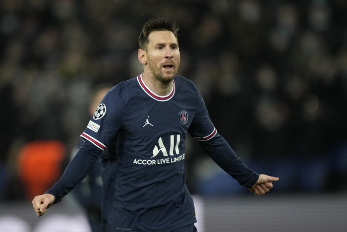 PSGs Lionel Messi celebrates after scoring his sides fourth goal during the Champions League Group A soccer match between PSG and Club Brugge at the Parc des Princes stadium in Paris, France, Tuesday, Dec. 7, 2021. (AP Photo/Christophe Ena)