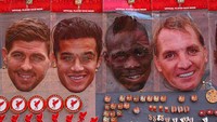 Ini adalah topeng sosok-sosok Liverpool yang saat itu relatif menonjol di Liverpool; Gerrard, Coutinho, Mario Balotelli, dan Brendan Rodgers. (Foto: Getty Images/Alex Livesey)