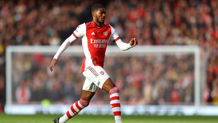 LONDON, ENGLAND - NOVEMBER 07: Ainsley Maitland-Niles of Arsenal in action during the Premier League match between Arsenal  and  Watford at Emirates Stadium on November 07, 2021 in London, England. (Photo by Richard Heathcote/Getty Images)