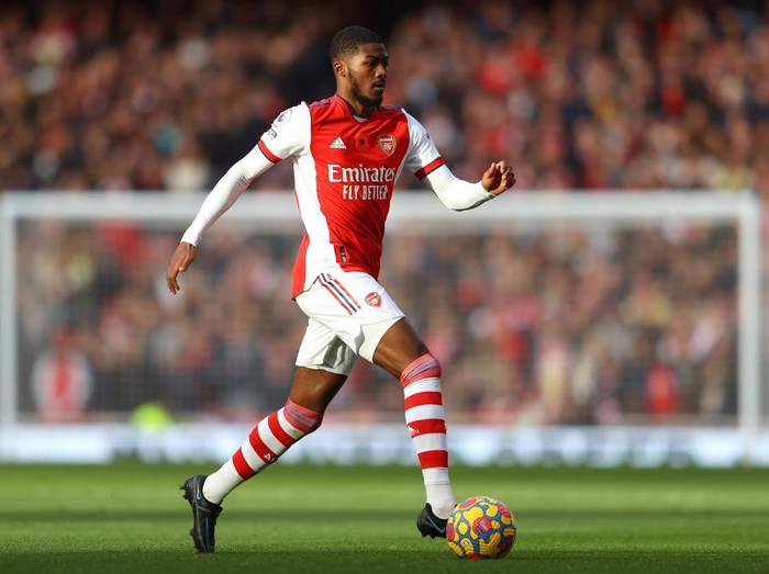 LONDON, ENGLAND - NOVEMBER 07: Ainsley Maitland-Niles of Arsenal in action during the Premier League match between Arsenal  and  Watford at Emirates Stadium on November 07, 2021 in London, England. (Photo by Richard Heathcote/Getty Images)