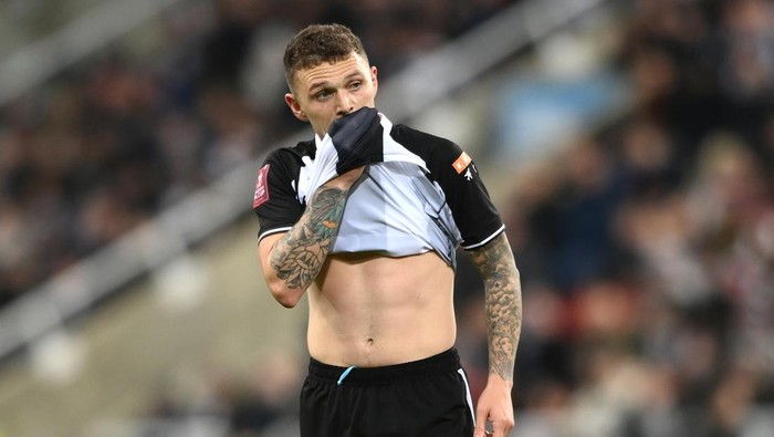 NEWCASTLE UPON TYNE, ENGLAND - JANUARY 08: Newcastle player Kieran Trippier reacts during the Emirates FA Cup Third Round match between Newcastle United and Cambridge United at St James Park on January 08, 2022 in Newcastle upon Tyne, England. (Photo by Stu Forster/Getty Images)
