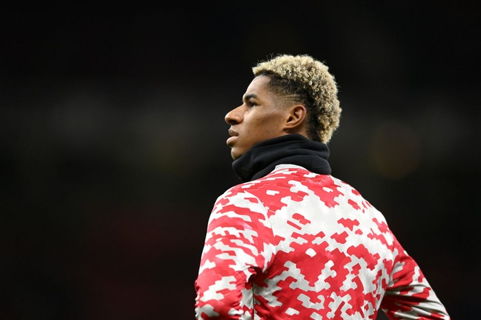 MANCHESTER, ENGLAND - JANUARY 03: Marcus Rashford of Manchester United warms up prior to the Premier League match between Manchester United and Wolverhampton Wanderers at Old Trafford on January 03, 2022 in Manchester, England. (Photo by Gareth Copley/Getty Images)