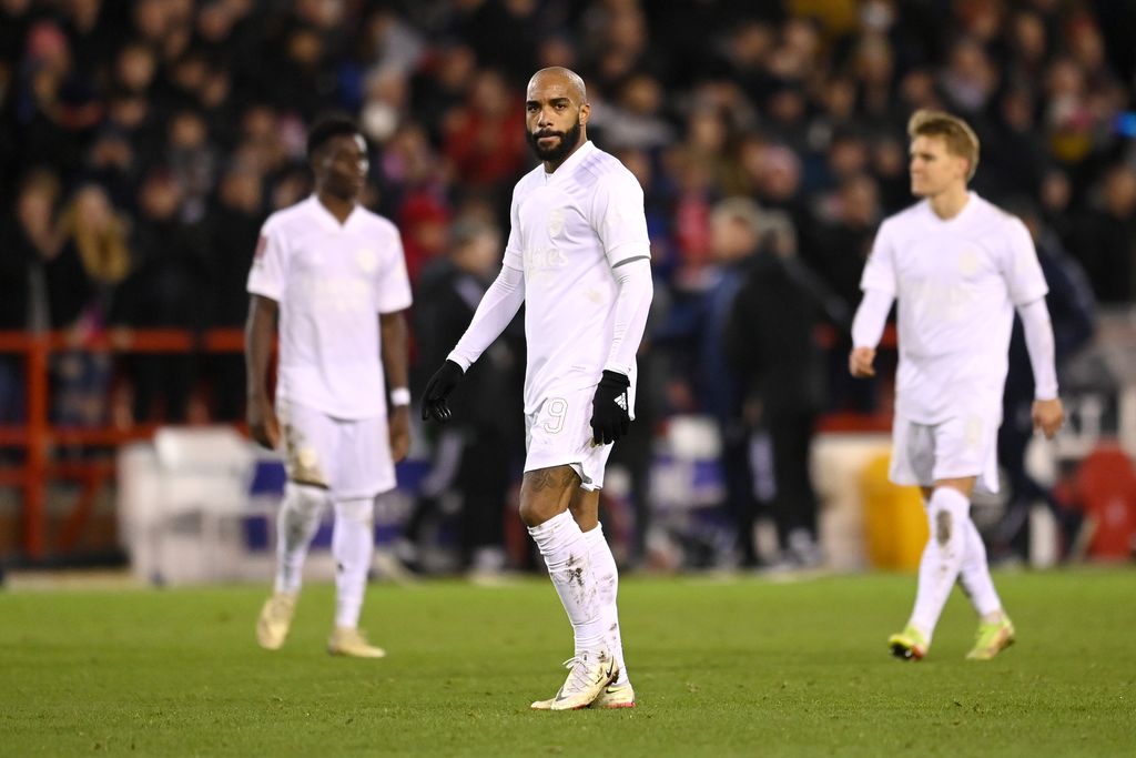 NOTTINGHAM, ENGLAND - JANUARY 09: Alexandre Lacazette of Arsenal looks dejected following defeat in the Emirates FA Cup Third Round match between Nottingham Forest and Arsenal at City Ground on January 09, 2022 in Nottingham, England. (Photo by Michael Regan/Getty Images)