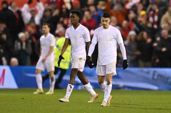 NOTTINGHAM, ENGLAND - JANUARY 09: Gabriel Martinelli of Arsenal looks dejected after the Nottingham Forest first goal scored by Lewis Grabban (Not pictured) during the Emirates FA Cup Third Round match between Nottingham Forest and Arsenal at City Ground on January 09, 2022 in Nottingham, England. (Photo by Michael Regan/Getty Images)