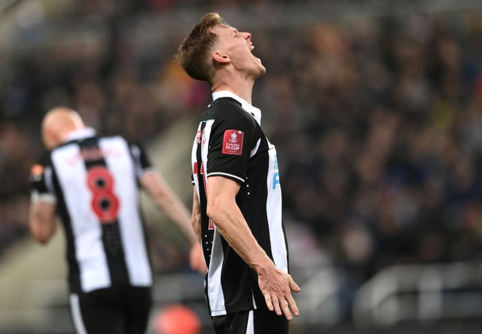 NEWCASTLE UPON TYNE, ENGLAND - JANUARY 08: Newcastle defender Emil Krafth reacts with frustration during the Emirates FA Cup Third Round match between Newcastle United and Cambridge United at St James Park on January 08, 2022 in Newcastle upon Tyne, England. (Photo by Stu Forster/Getty Images)