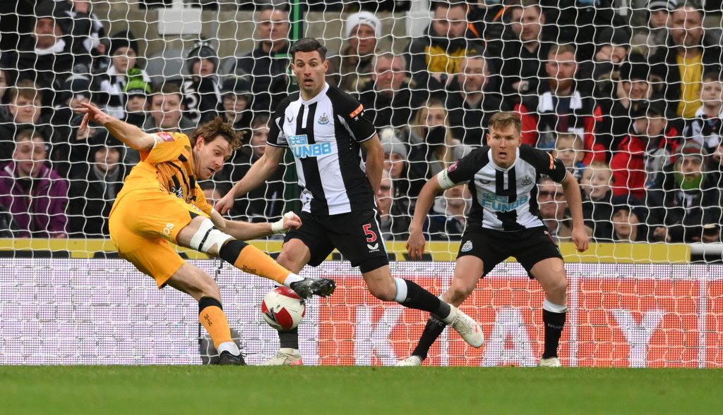 NEWCASTLE UPON TYNE, ENGLAND - JANUARY 08: Newcastle defender Emil Krafth reacts with frustration during the Emirates FA Cup Third Round match between Newcastle United and Cambridge United at St James' Park on January 08, 2022 in Newcastle upon Tyne, England. (Photo by Stu Forster/Getty Images)