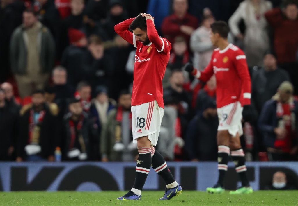 MANCHESTER, ENGLAND - JANUARY 03: Bruno Fernandes of Manchester United reacts at the final whistle following the Premier League match between Manchester United and Wolverhampton Wanderers at Old Trafford on January 03, 2022 in Manchester, England. (Photo by Clive Brunskill/Getty Images)