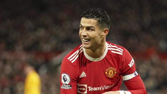 Manchester Uniteds Cristiano Ronaldo grimaces during the English Premier League soccer match between Manchester United and Wolverhampton Wanderers at Old Trafford stadium in Manchester, England, Monday, Jan.3, 2022. (AP Photo/Dave Thompson)