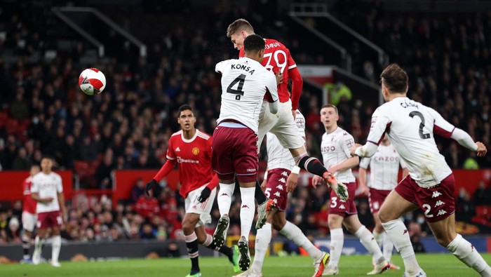MANCHESTER, ENGLAND - JANUARY 10: Scott McTominay of Manchester United scores the first goal during the Emirates FA Cup Third Round match between Manchester United and Aston Villa at Old Trafford on January 10, 2022 in Manchester, England. (Photo by Clive Brunskill/Getty Images)